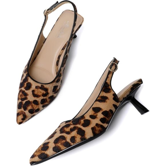Mostrin Kitten Heels Leopard Suede Low Slingback Heels with Buckle Dress Shoes - Picture 8 of 9